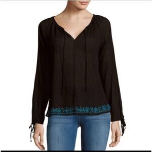 LOVESHACKFANCY Women's Black Solid Embroidered Peasant Blouse sz Small